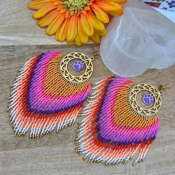 Handmade Beaded Long Fringe Paw Love Dangle Drop Lightweight Post Hoop Earrings - Picture 5 of 10